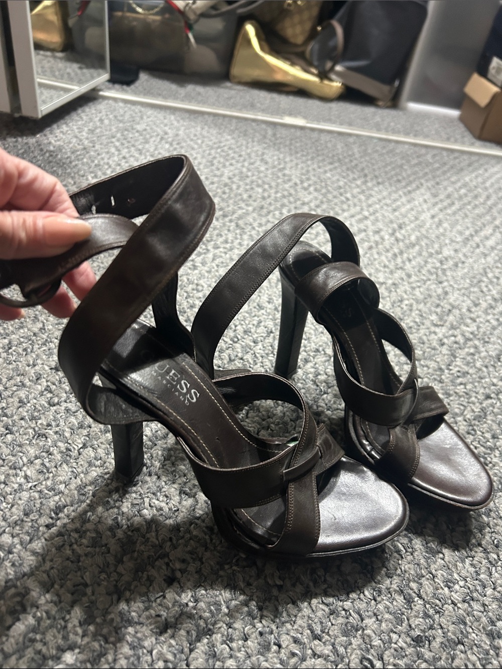 GUESS Dark Brown Strappy High Heel Sandals